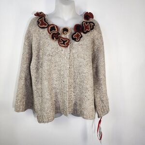 Ruby Rd Women’s Cardigan Cap Sweater Size Large Rosettes Floral Tan Brown 2 Snap